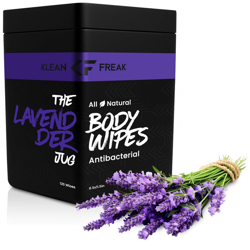 Klean Freak Body Wipes for Face and Body No Water Wipe Away Sweat and Odor Large Textured Travel Gym Camping and More 120 Cnt Jug Lavender Jug